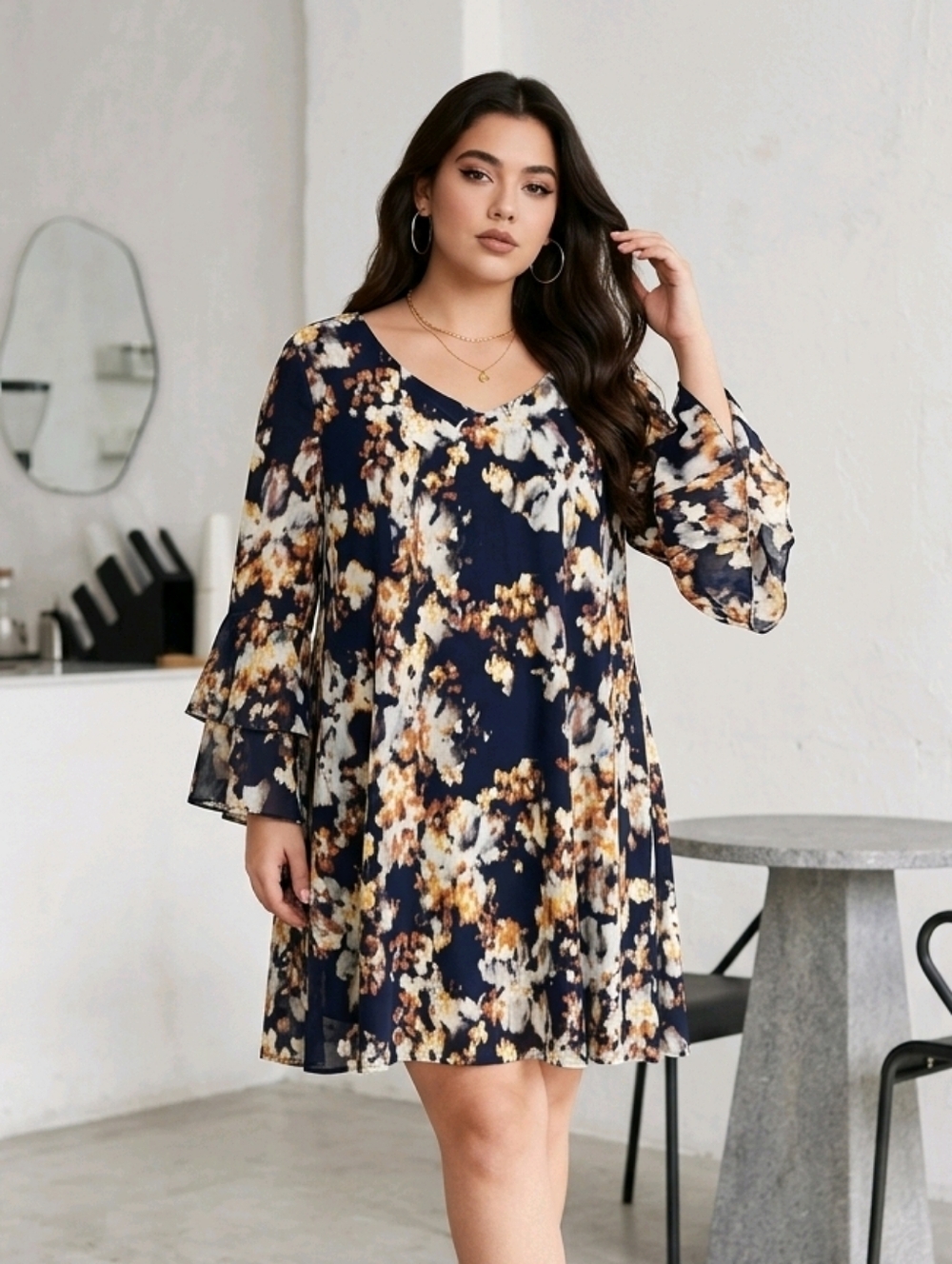 CATO Navy Blue Watercolor Floral Bell Sleeve Shift Dress A-line Flowy Midi Knee